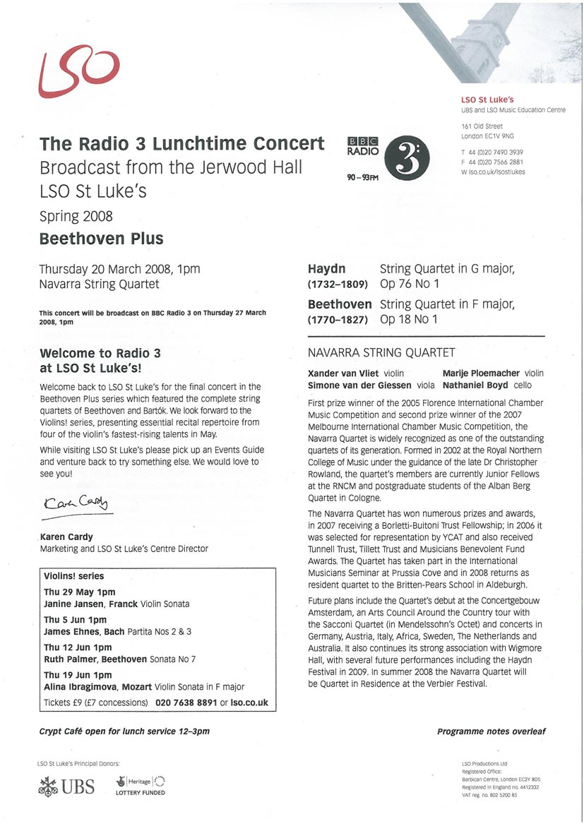 Programme, 2008, LSO Lunchtime Concert