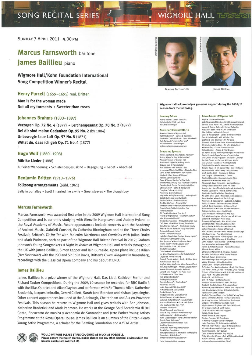 Programme, 2011, Wigmore Hall with Marcus Farnsworth