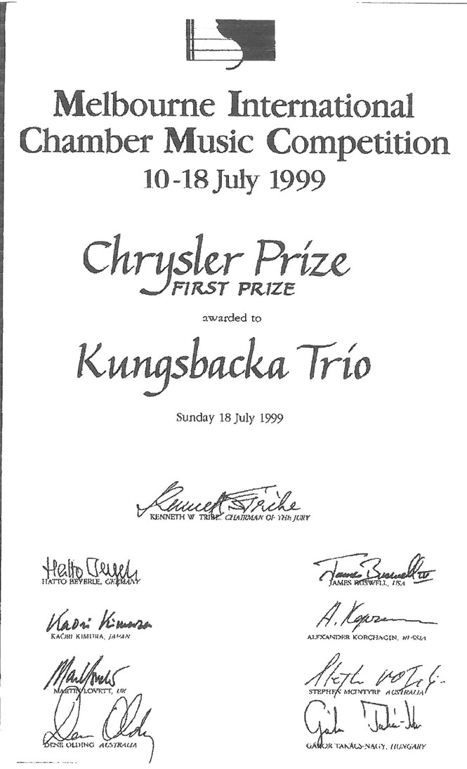 Prize, 1999, Melbourne International Chamber Music Competition