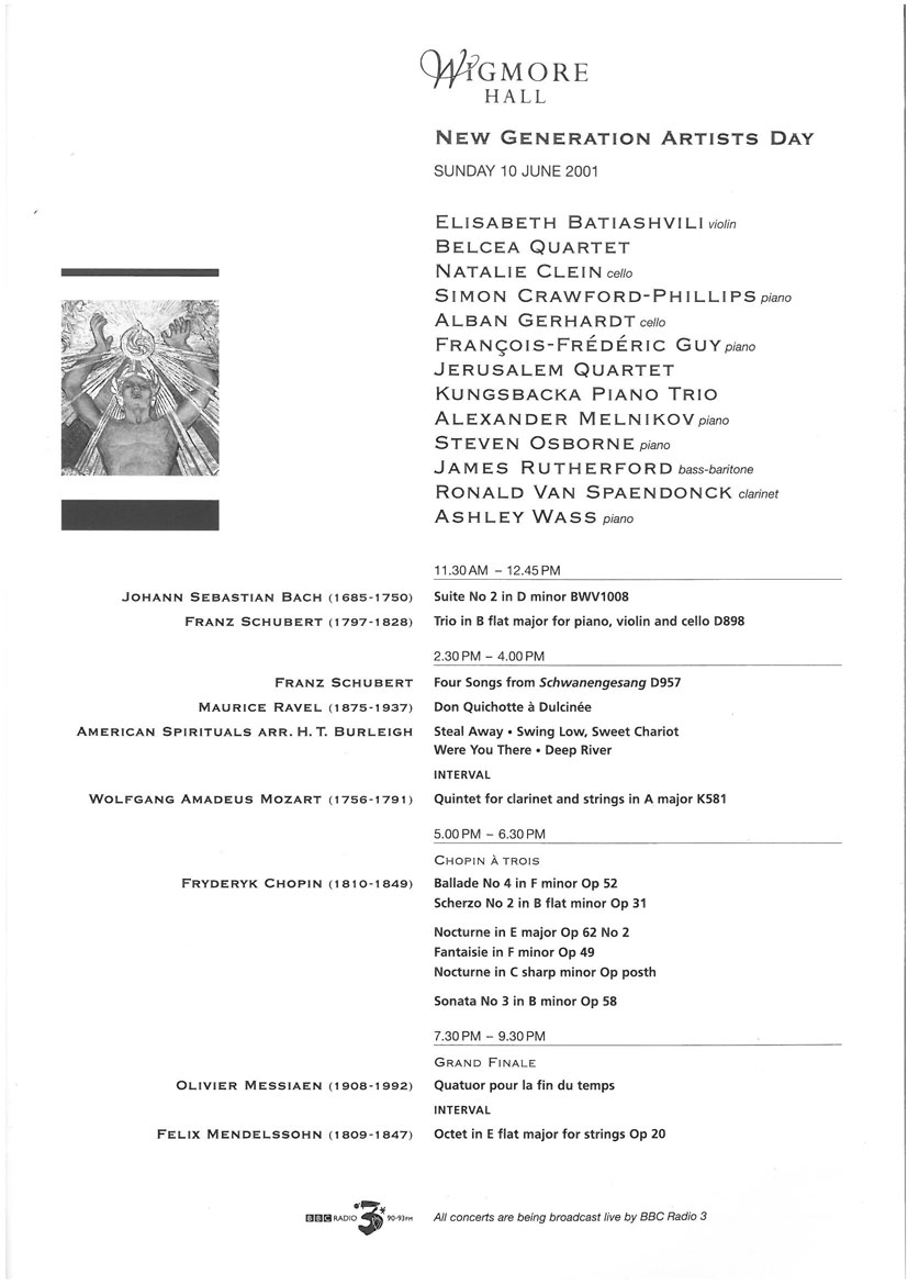 Programme, 2001, Wigmore Hall, New Generation Artists Day