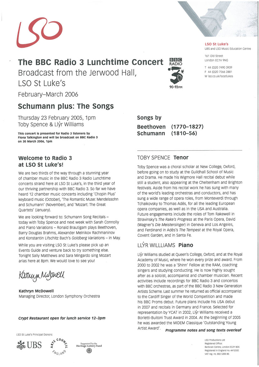 Programme, 2006, LSO BBC Radio 3 Lunchtime Concert