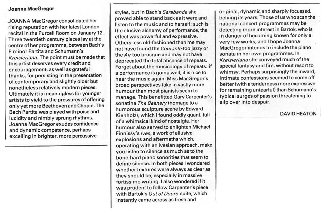 Review, 1987, Music and Musicians
