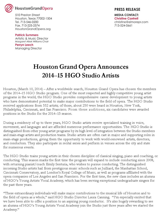 Press Release, 2014, Houston Grand Opera, p1